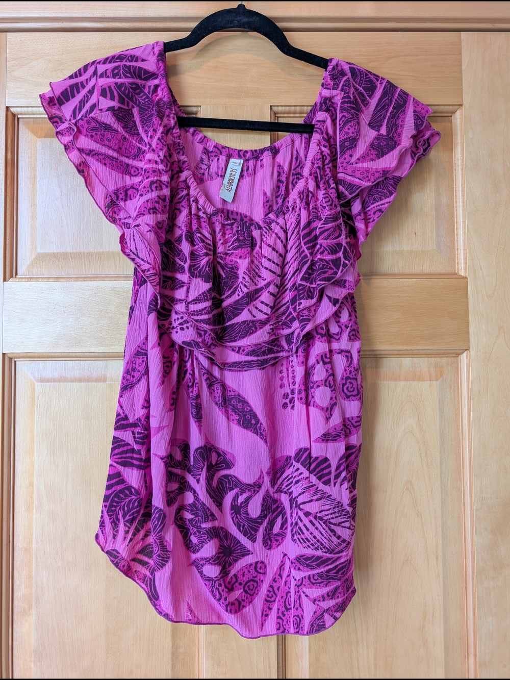 Serendipity Maui Pink Printed Ruffle On Or Off Shoulder Blouse